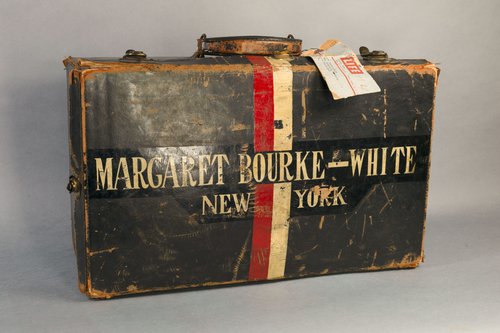 Black leather suitcase with “Margaret Bourke-White, New York” stenciled across the top and a LIFE Magazine luggage tag. Margaret Bourke-White Papers