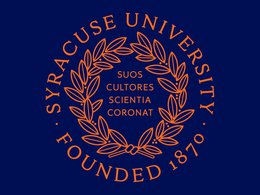 Orange Syracuse University circular seal with laurels, founded 1870, and latin phrase on royal blue background