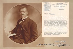 Sepia toned image and background of Booker T. Washington in a suit, with small image of a letter and sign off that says Yours Truly with Washington's signature