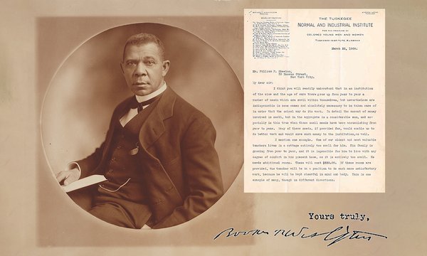 Sepia toned image and background of Booker T. Washington in a suit, with small image of a letter and sign off that says Yours Truly with Washington's signature