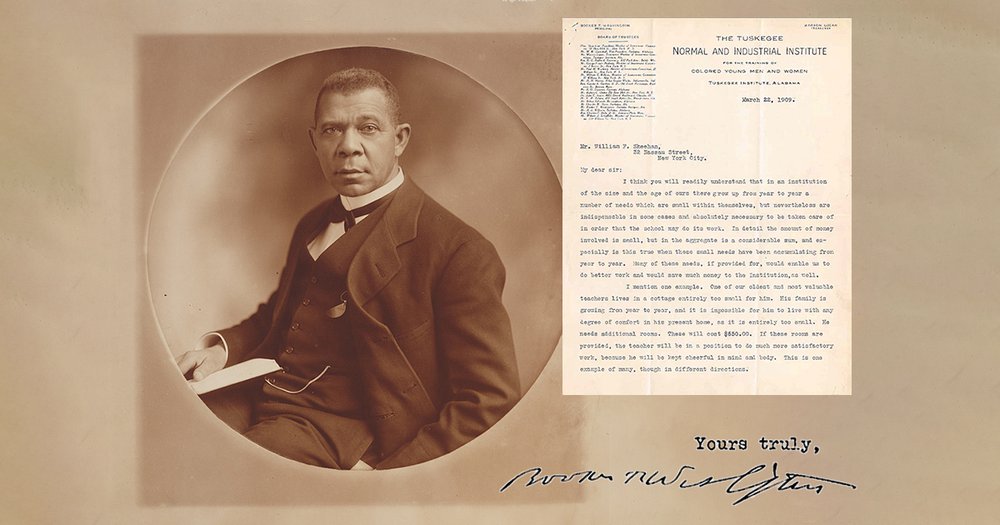 Sepia toned image and background of Booker T. Washington in a suit, with small image of a letter and sign off that says Yours Truly with Washington's signature