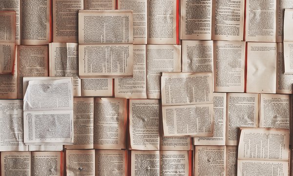 Books in a collage arrangement on a wall