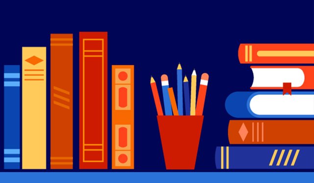 Blue background with illustrations of orange and blue books standing up, pencils in a cup and books stacked on top of each other