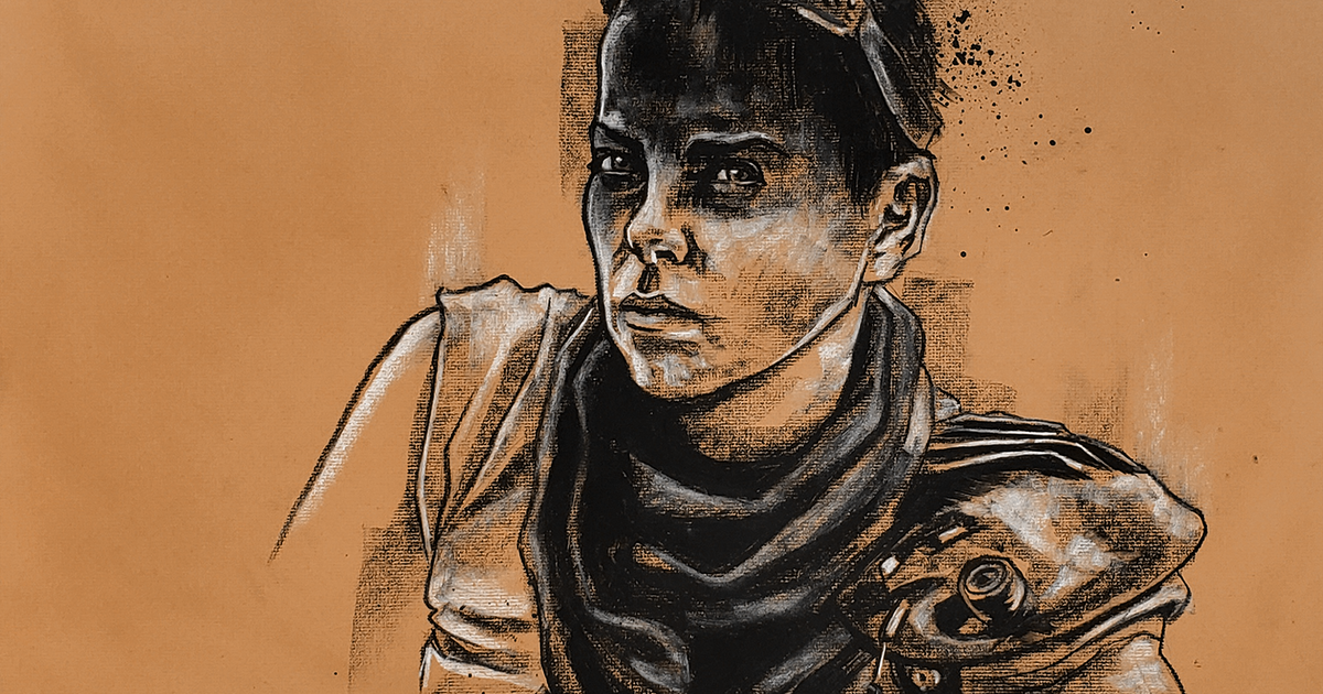 Charcoal black and white illustration of Furiosa on brown paper background