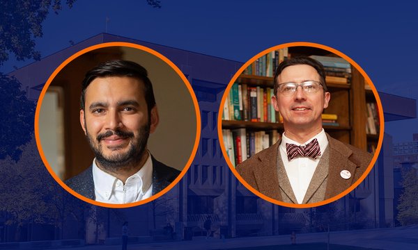 two headshots in circles on blue background