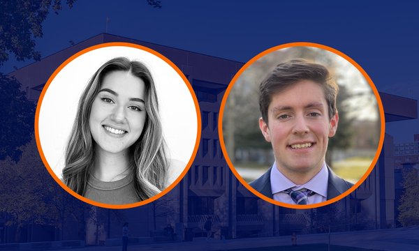 two headshots in circles on blue background