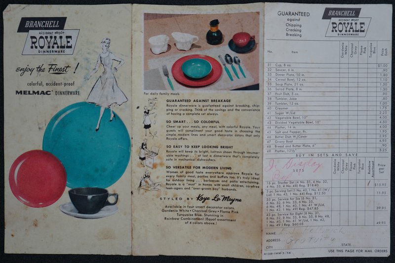 Brochure for the Royale line of patented Melmac (melamine) dishware. Edward Hellmich Papers.