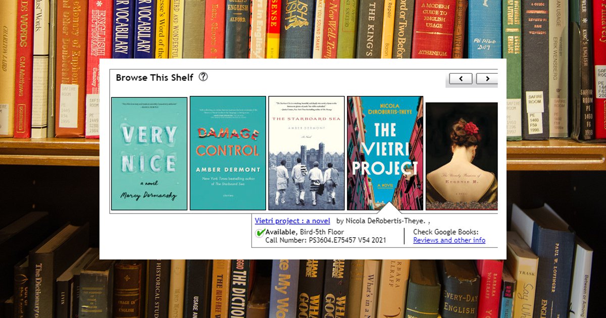 Screenshot of Browse This Shelf feature with five book covers over photo of a bookshelf