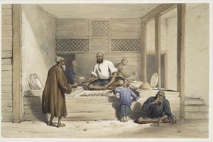 painting of several people preparing and eating food