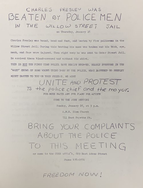 Call to action organized by CORE to protest police brutality in 1964.