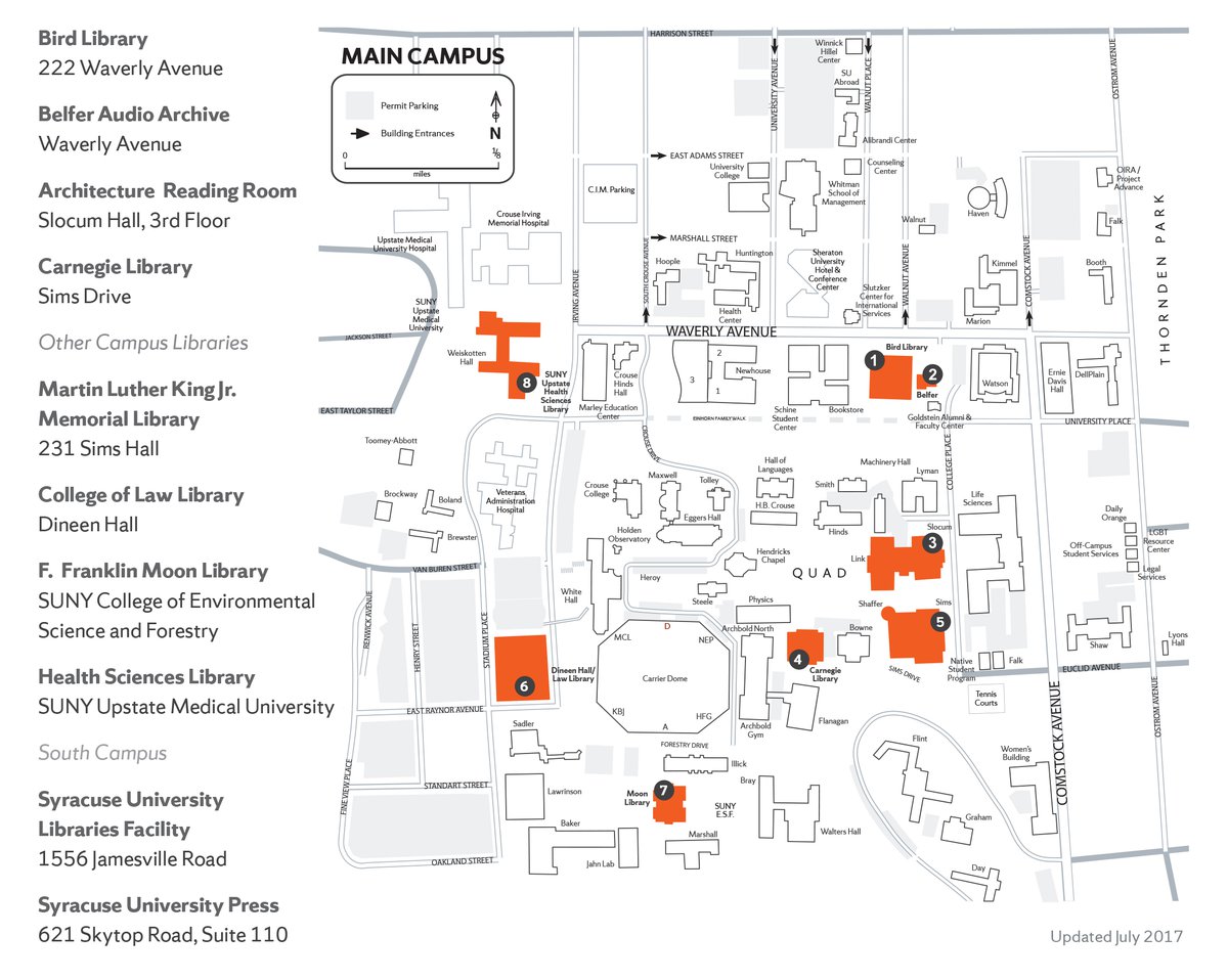 map of SU campus with Libraries highlighted in orange