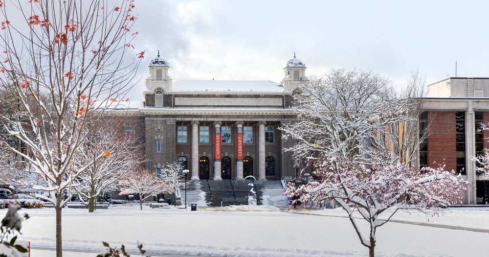 Snow covered ground and trees in front of Carnegie Library
