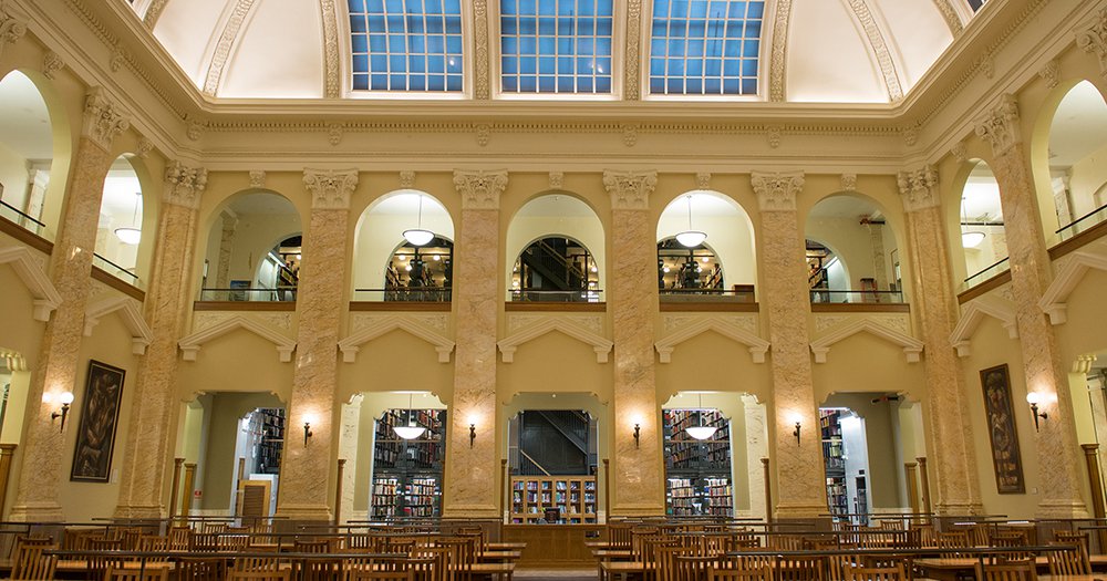 Interior of Carnegie Library looking toward vaulted ceiling