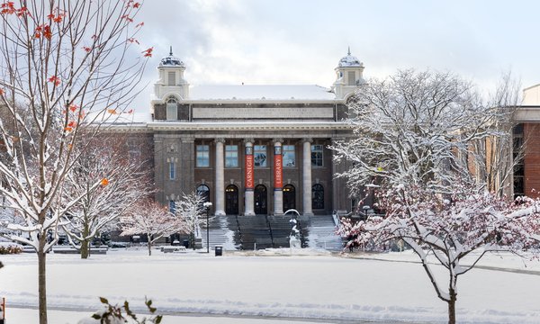 Carnegie library with snowy walkways and trees and cloudy sky