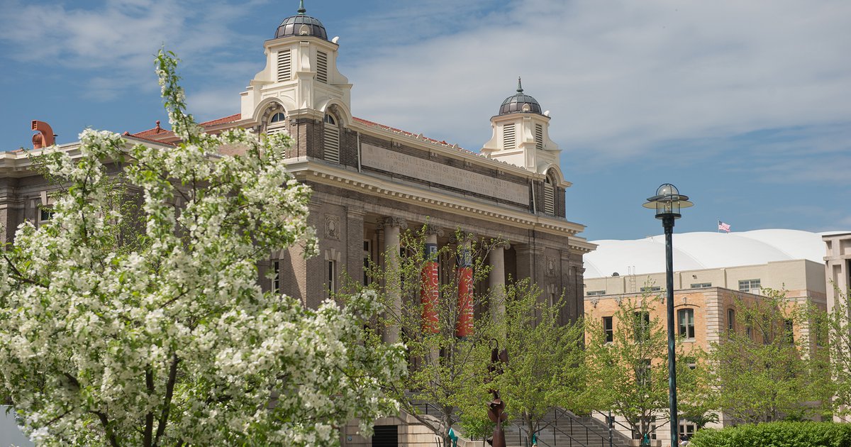 Carnegie Library surrounded by blooming trees and cloudy blue sky