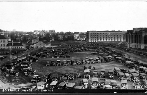 Cars parked on the quad of Syracuse University Campus, c. 1920s. Syracuse University Photograph Collection.