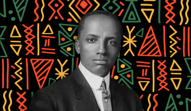 Image of Carter G Woodson in grayscale over a black background with red, yellow and green African ethnic pattern