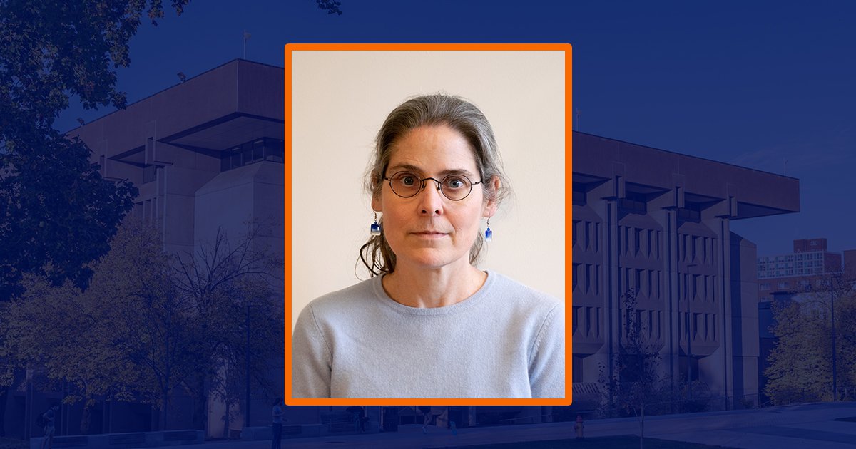 headshot of person with blue sepia of library in background