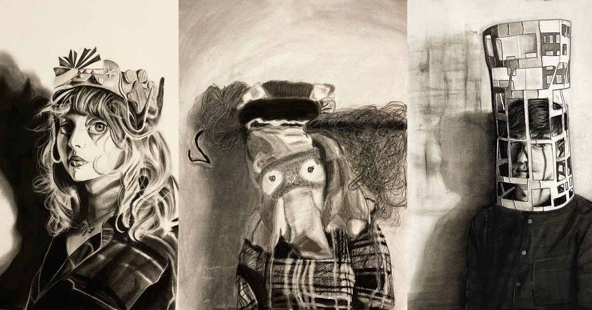 three black and white self-portrait drawings