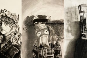 Charcoal drawings by Sydney Berkiehiser, Anastasia Córdoba, and Oskar Kraft