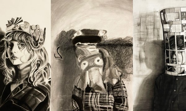 three black and white self-portrait drawings