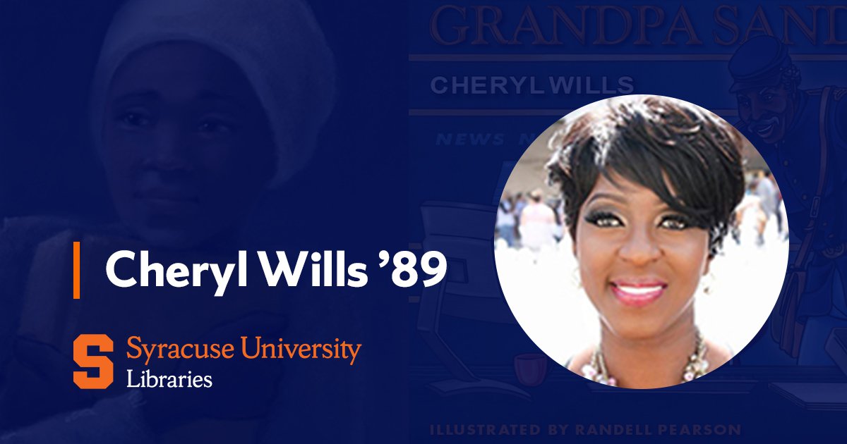 Circular portrait of Cheryl Wills '89 with Syracuse University Libraries logo