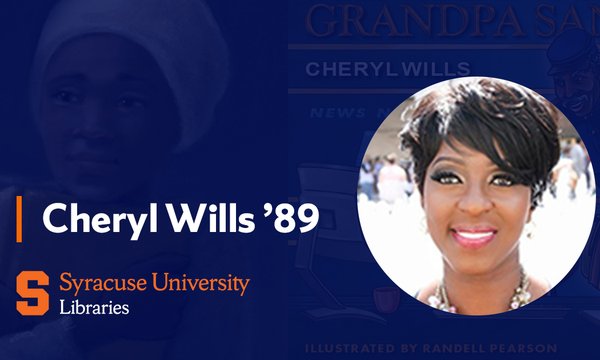 Circular portrait of Cheryl Wills '89 with Syracuse University Libraries logo