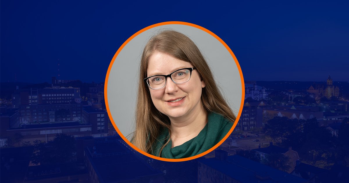 Circular portrait of Colleen Theisen with orange outline over dark blue overlaid image of Syracuse University campus