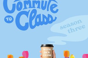 Commute to Class with blue sky background and hand holding cup of coffee