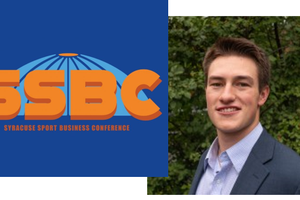 Syracuse Sports Business Conference logo and a photo of Connor Silva