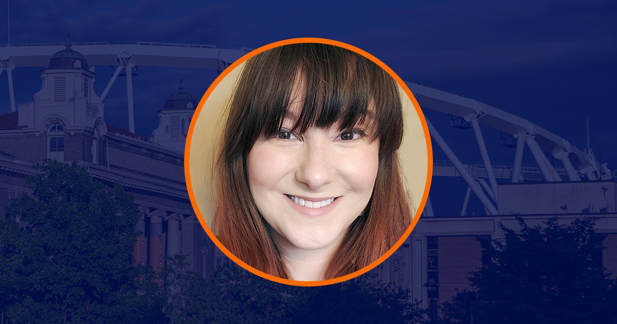 Circular portrait of Corinne Sartori with orange outline over dark blue overlaid image of Bird Library