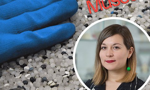 Circular portrait of Courtney Asztalos with white outline over image of blue gloved hand touching micro plastic beads