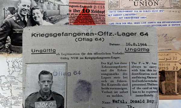 Cover art of "You Don't Surrender" audiobook with collage of Don Waful's photos, papers and correspondence from WWII