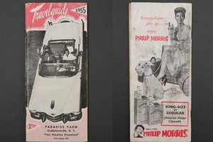 two cover photos of Travelguide booklet, one with black couple in convertible and other with black woman sitting on suitcase smoking cigarette