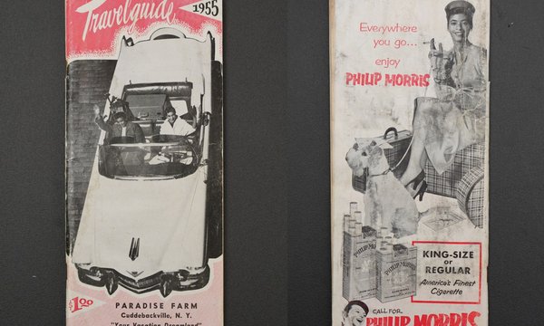 two cover photos of Travelguide booklet, one with black couple in convertible and other with black woman sitting on suitcase smoking cigarette
