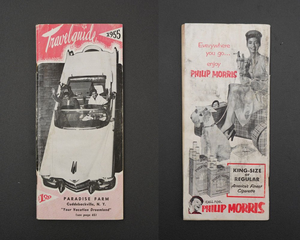 two cover photos of Travelguide booklet, one with black couple in convertible and other with black woman sitting on suitcase smoking cigarette