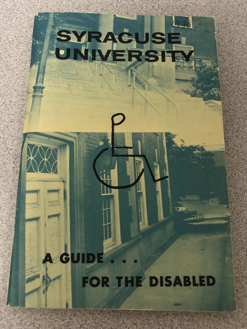 Cover of the first edition of Syracuse University- A Guide for the Disabled, published by the Phi Chapter of Alpha Phi Omega with an introduction by Chancellor John E. Corbally, Jr.,1970.