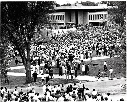 Crowd before plaza at dedication of Newhouse I, 1964. Syracuse University Photograph Collection