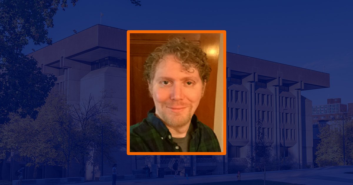 Rectangle portrait of David Maynard with orange outline over blue overlaid image of Bird Library