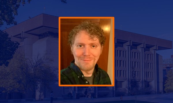 Rectangle portrait of David Maynard with orange outline over blue overlaid image of Bird Library