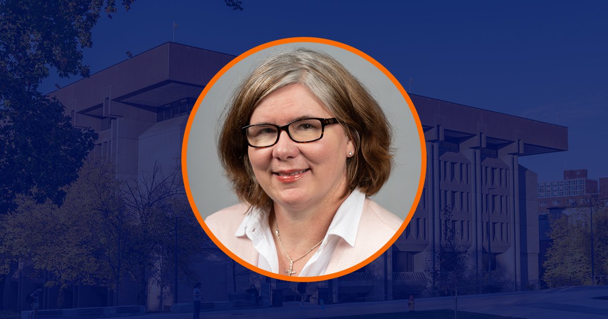 Circular portrait of Déirdre Joyce with orange outline over dark blue overlaid image of Bird Library