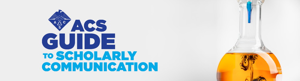 "Banner image featuring the ACS (American Chemical Society) logo and the text 'ACS GUIDE TO SCHOLARLY COMMUNICATION' in bold blue letters on a white background. To the right, there is a laboratory flask filled with an orange liquid