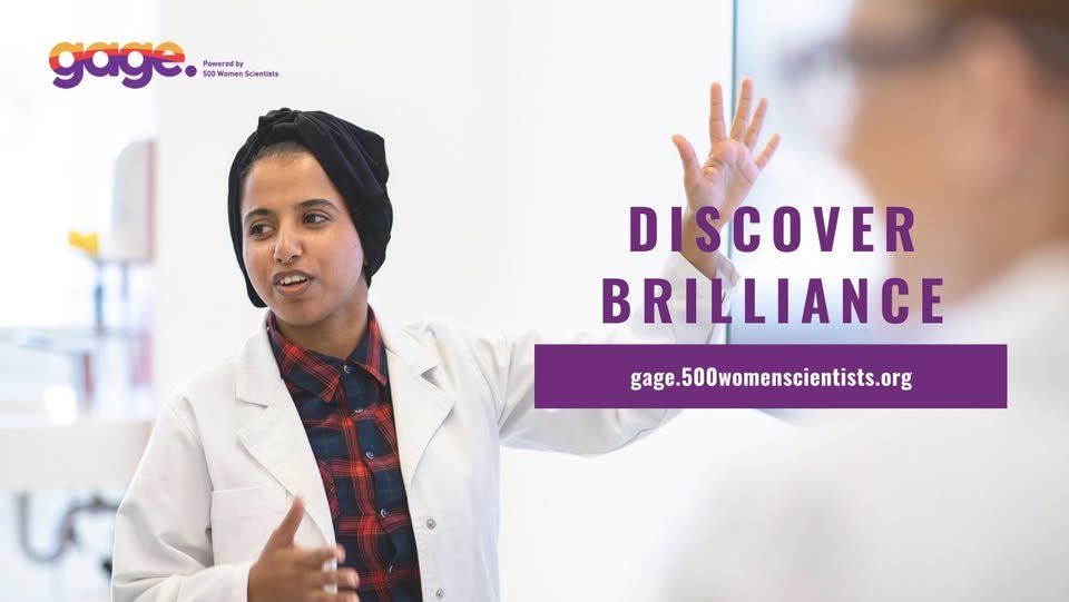 woman in lab coat with words "Discover Brilliance"