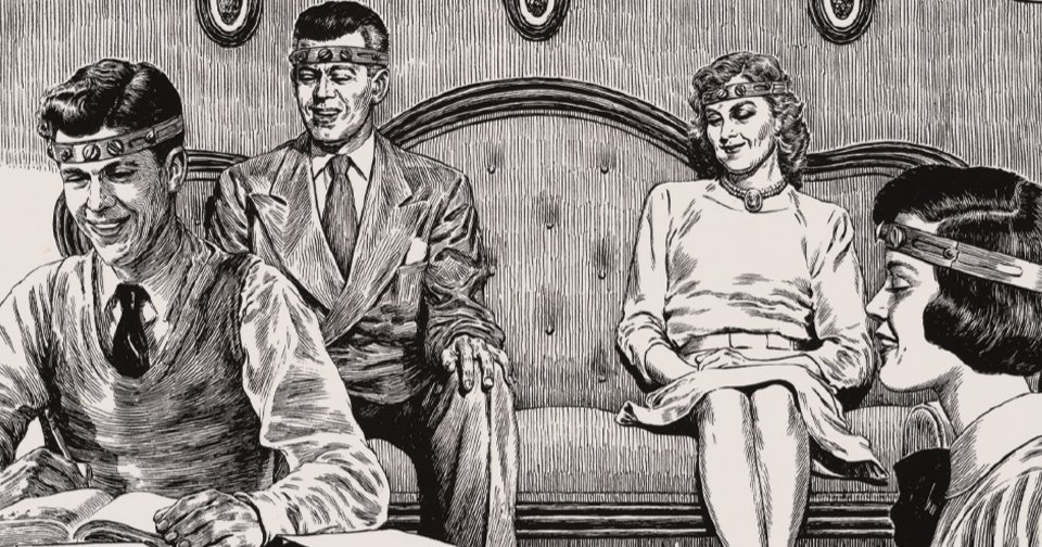 illustration of two men and two women sitting in parlor with headbands on