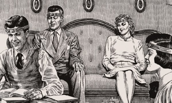 illustration of two men and two women sitting in parlor with headbands on