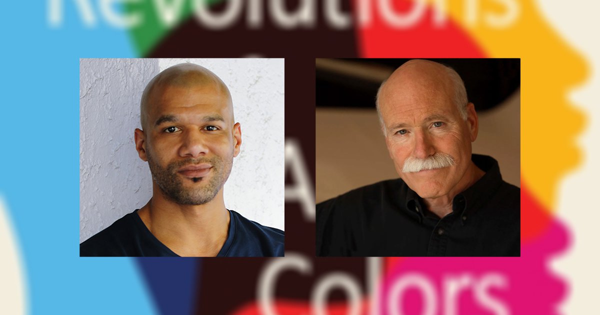Square portraits of Dewaine Farria and Tobias Wolff over blurred background cover of Revolutions of All Colors with blue, pink, and yellow shapes