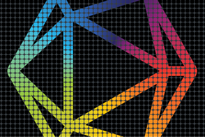Dimensions rainbow geometrical logo over repeating black and gray rounded square background