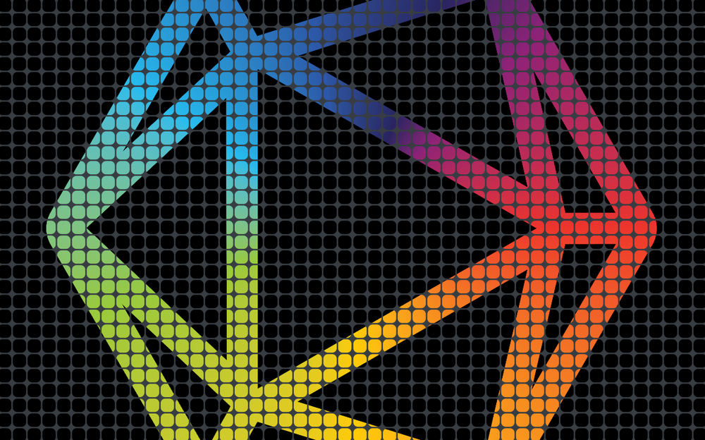 Dimensions rainbow geometrical logo over repeating black and gray rounded square background