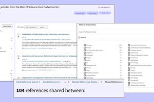 On the top left, a screenshot from the Web of Science Cited Reference Search shows 2529 results for articles citing the title “Hamlet”. On the right, another screenshot shows a menu titled “Refine by Research Areas” with subjects including Literature