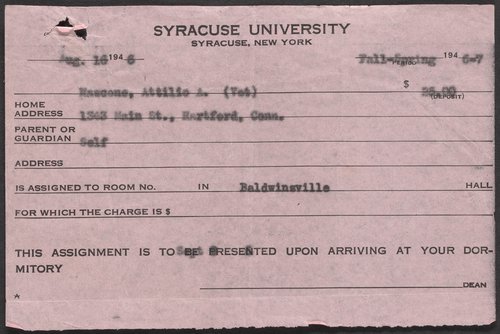 Dormitory assignment slip for Attilio Mascone, August 16, 1946. Attilio Mascone Papers.